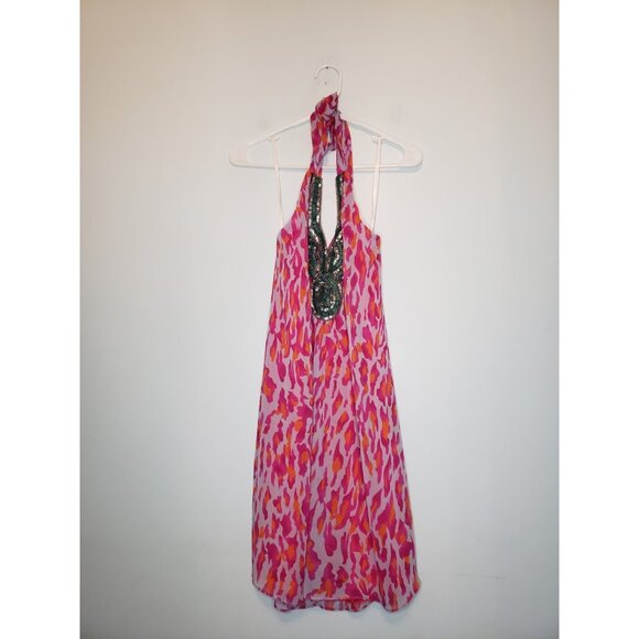 Boston Proper Dresses & Skirts - Boston Proper Womens XS Mini Dress Halter Pink Leopard Chiffon Beaded Sequin Y2K